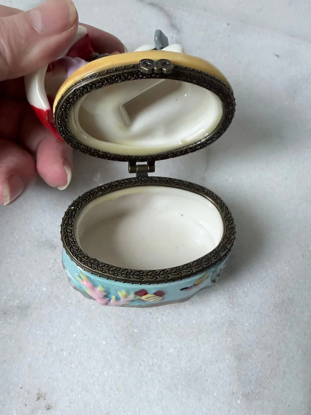 Hand-Painted Penguin Trinket Box with Red Umbrella
